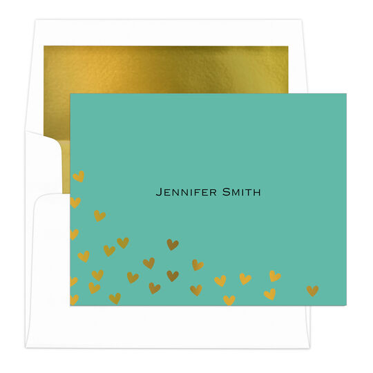 Teal Floating Gold Foil Hearts Foldover Note Cards with Lined Envelopes